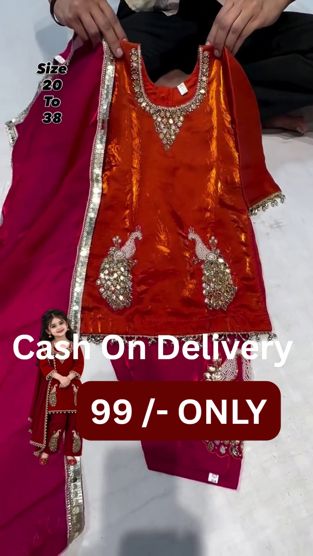 🧡💖 Girls’ Orange Festive Kurti With Peacock Embellishment & Rich Pink Traditional Bottom and Dupatta Set