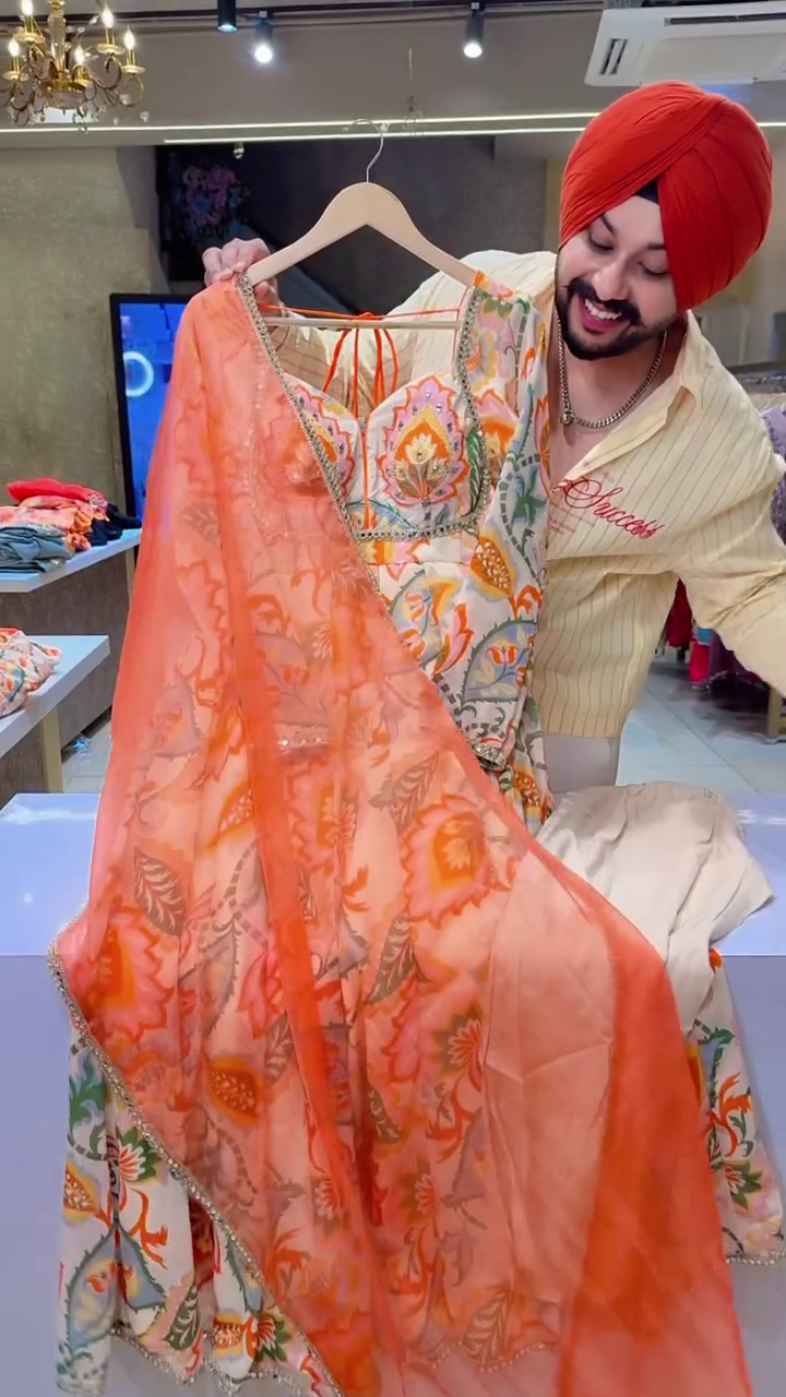 🧡🌸 Elegant Floral Printed Lehenga Set With Embellished Blouse & Sheer Peach-Orange Dupatta For Festive Celebrations