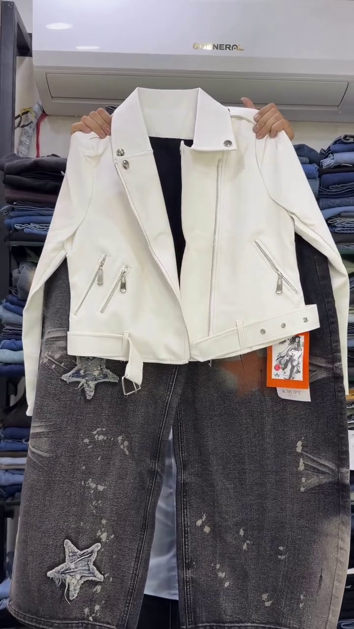 ✦ Chic White Zip-Up Biker Jacket With Silver Hardware, Belted Hem & Modern Streetwear Styling