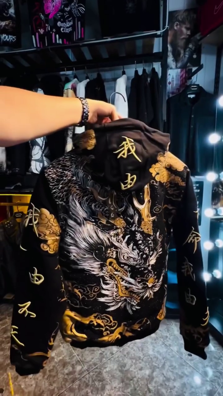 ⚡ Statement Black Dragon Graphic Jacket With Golden Embroidery, Oriental-Inspired Artwork & Bold Streetwear Appeal