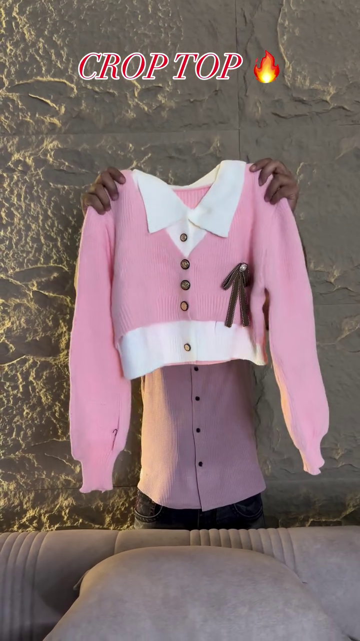 ♡ Cute Pink Knitted Crop Top With Contrast White Collar, Decorative Buttons & Elegant Bow Detail