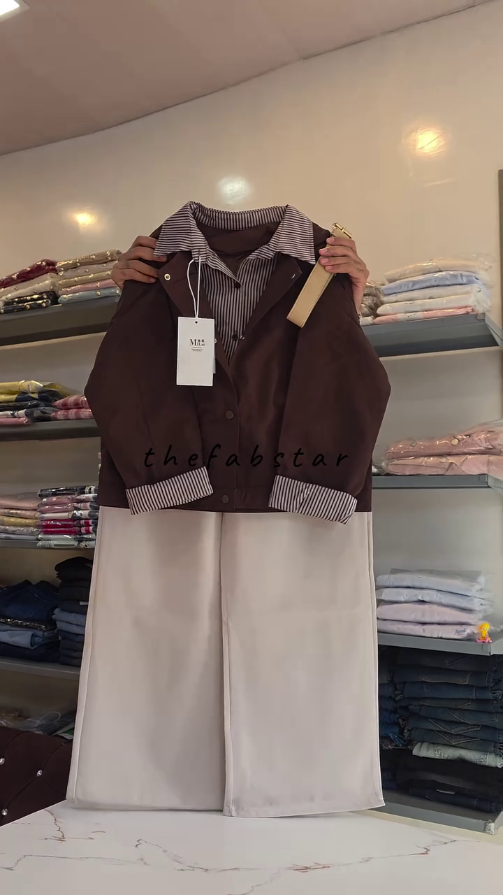 ✦ Chocolate Brown Layered Jacket With Striped Shirt Detailing & Elegant Cream Wide-Leg Trousers for Modern Styling