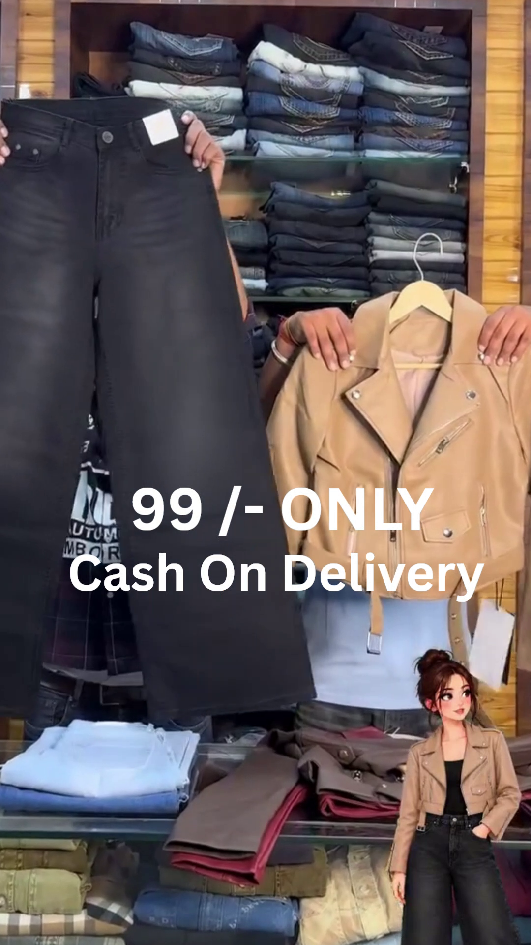 ✦ Trendy Black Wide-Leg Denim Jeans Paired With Tan Biker-Style Jacket for an Effortlessly Cool Western Fashion Look