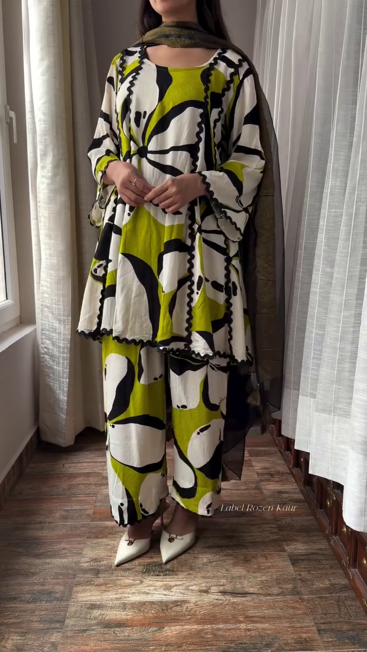 ✨ Contemporary Lime Green, Black & Ivory Abstract Print Kurta With Matching Wide-Leg Pants and Contrast Dupatta