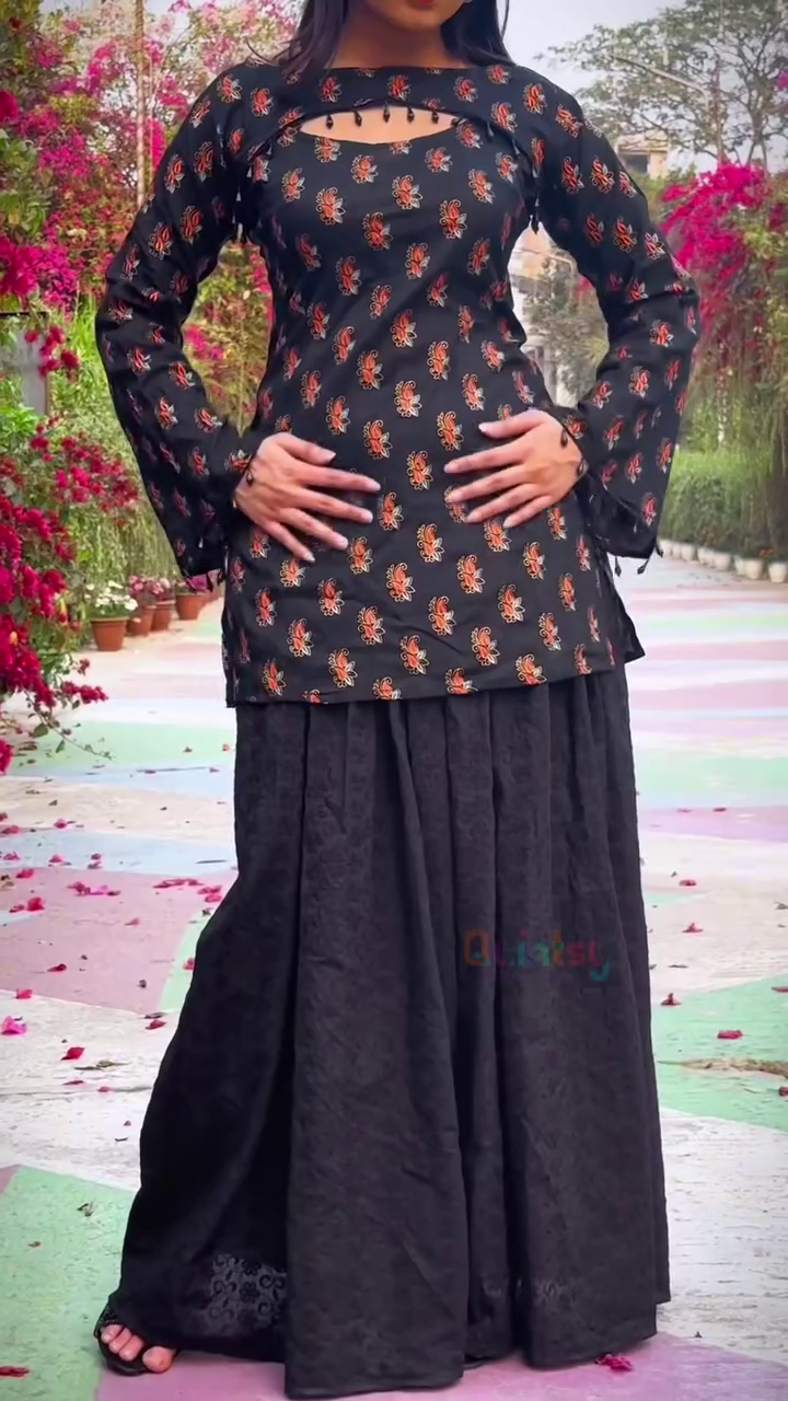 Fusion Glam – Black & Red Paisley Corset Kurti with Chikankari Plazo - Image 4