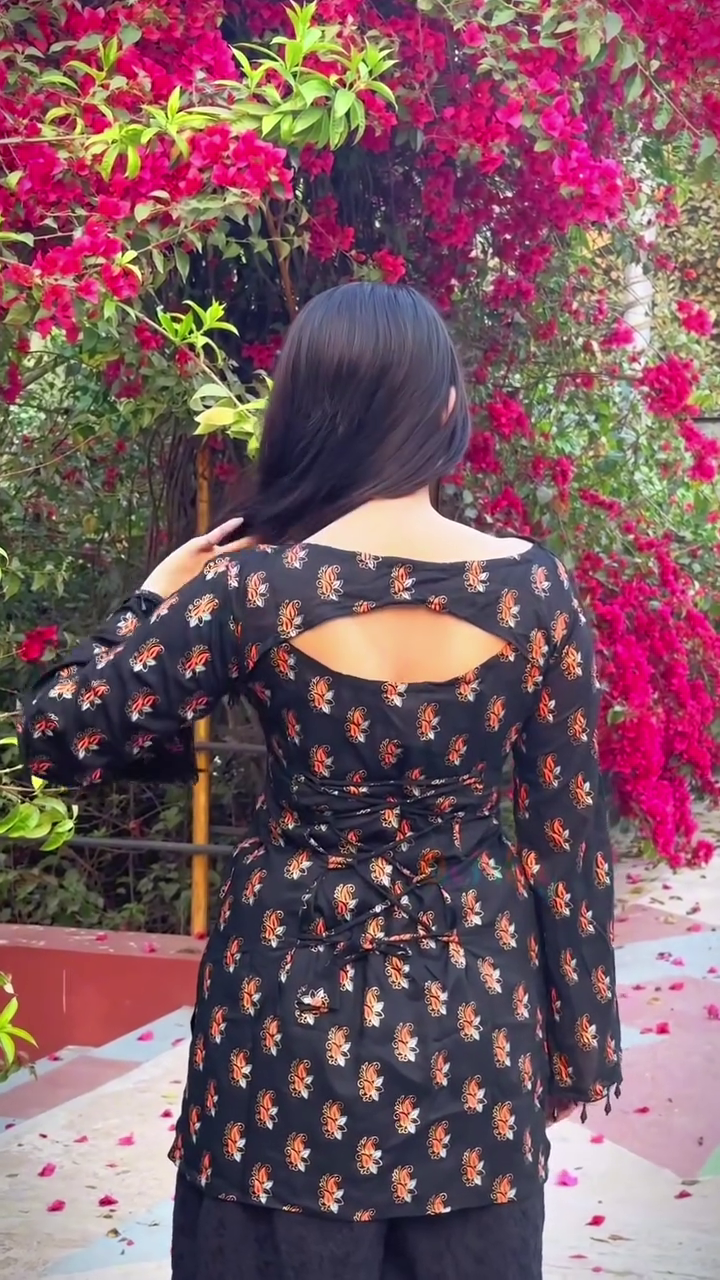 Fusion Glam – Black & Red Paisley Corset Kurti with Chikankari Plazo - Image 2