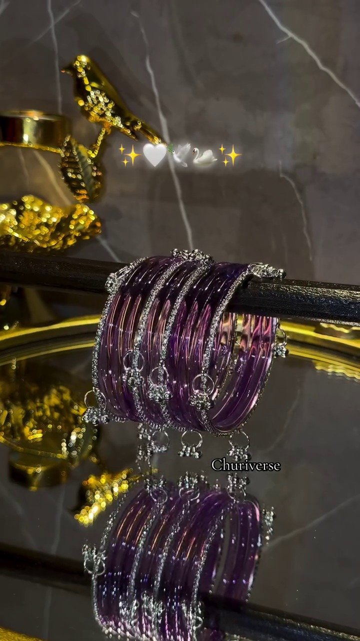 Purple Glass Bridal Bangles Set with Stone Work Traditional Wedding Jewelry Collection - Image 3
